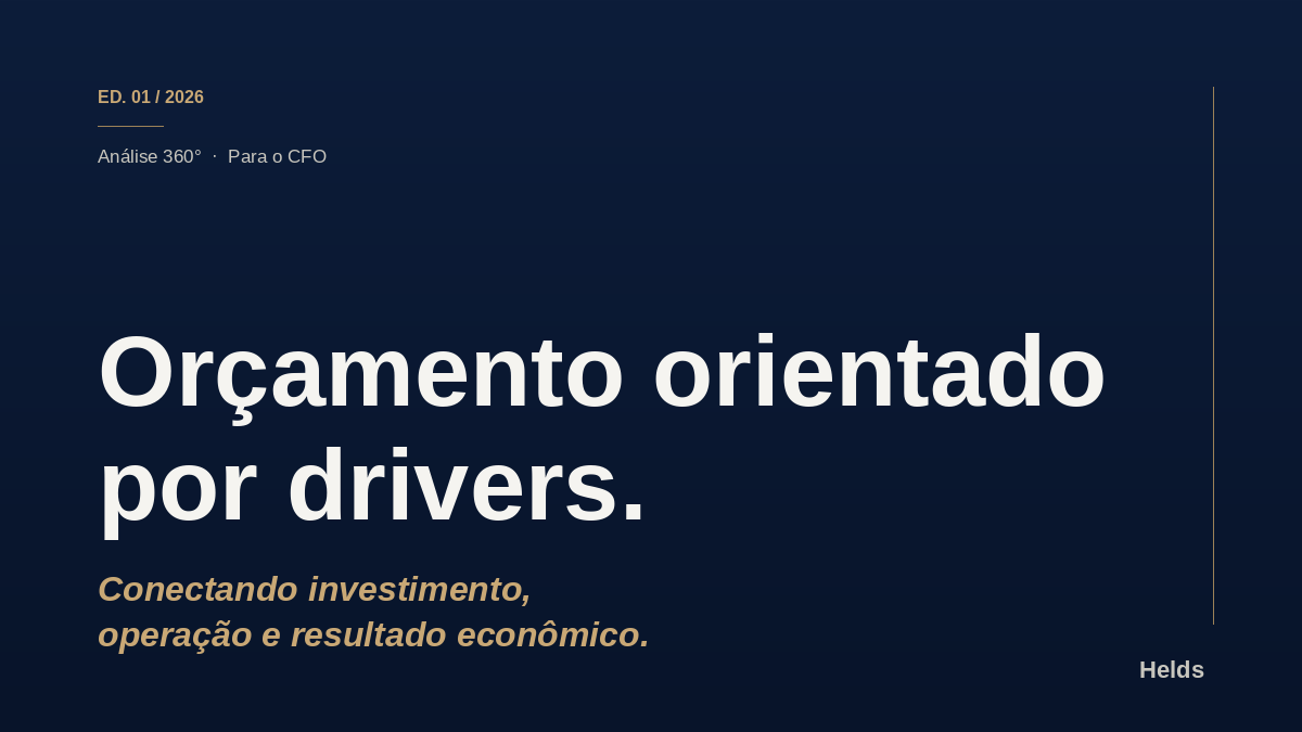 Capa do artigo "Orçamento Orientado por Drivers" — fundo navy com tipografia editorial em branco e detalhes em dourado, marca Helds.